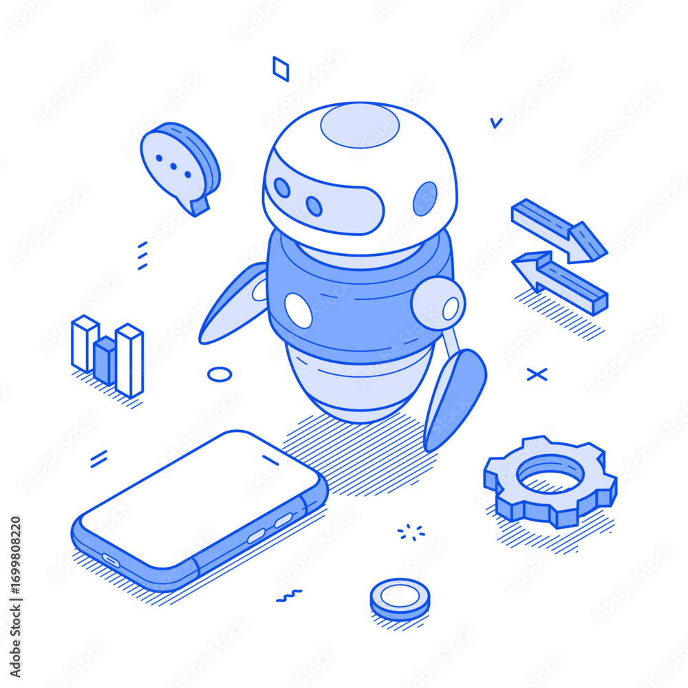 Aufkleber artificial intelligence chatbot assistance smartphone application isometric vector illustration. ai 