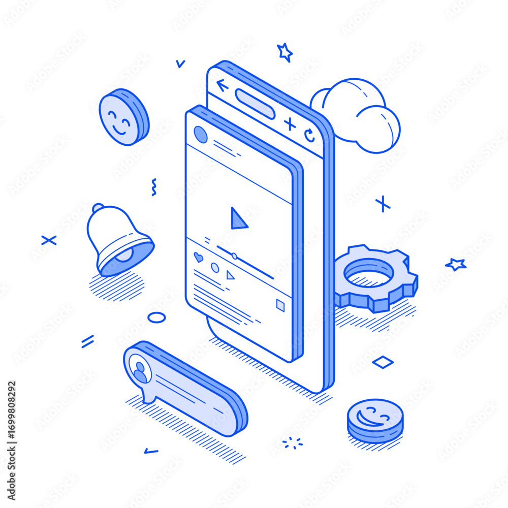 Aufkleber social media network video blog vlog influencer content mobile app isometric vector illustration. us