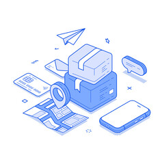 Postal parcel cargo box delivery courier service GPS tracking isometric vector illustration. Express freight transportation logistic distribution online shopping payment smartphone app technology