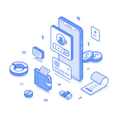 Online banking user account budget balance smartphone application isometric vector illustration. Internet bank financial currency earnings expenses management accounting electronic savings control