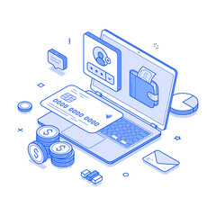 Online banking personal user account laptop desk interface isometric vector illustration. Internet bank financial web service cashless shopping payment e money transaction savings wallet protection