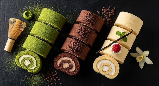 Trio of Matcha Chocolate and Vanilla Swiss Rolls