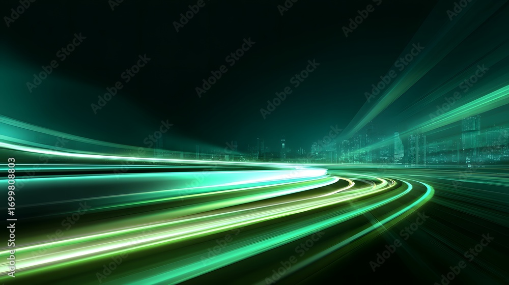 Poster abstract light trails in green and yellow colors over a dark background, representing speed and moti