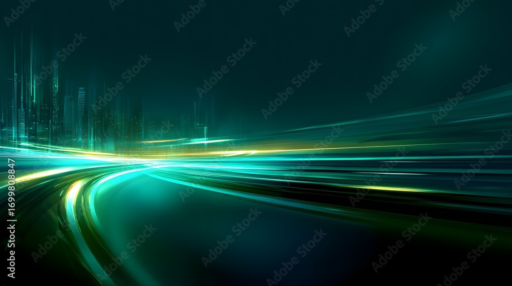 Poster abstract light trails in green and yellow colors over a dark background, representing speed and moti