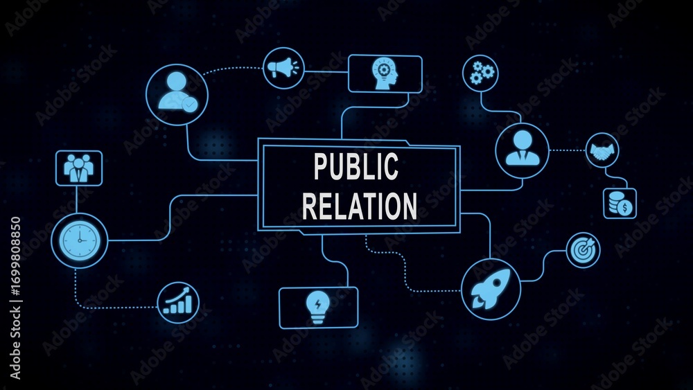 Aufkleber digital public relations diagram showing connected concepts and icons for communication strategies