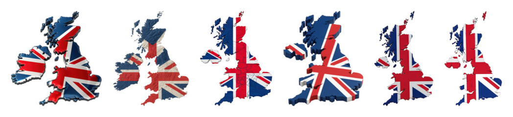 Fototapeta premium Great Britain map set including glossy, textured, 3D, and stylized flag designs isolated. National identity and geography collection.