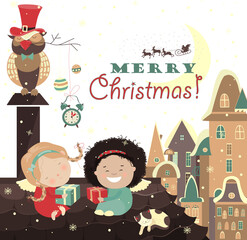 Little angels on the roof of celebrating Christmas. Vector greeting card