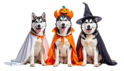 Three Siberian Husky dogs in Halloween costumes with witch hat, pumpkin headband, and ghost cape on white background