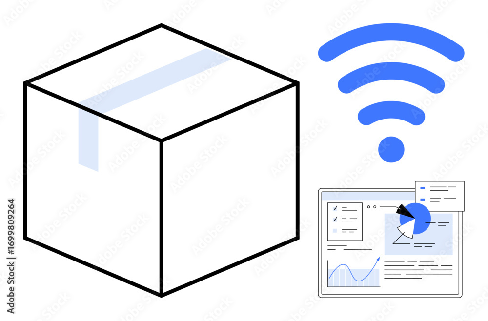 Poster open package, wireless signal, and analytic dashboard with graphs and charts. ideal for iot logistic
