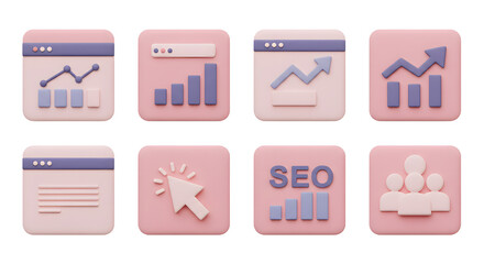 A vibrant collection of 3D user interface icons for business analytics, digital marketing strategy, and SEO performance tracking
