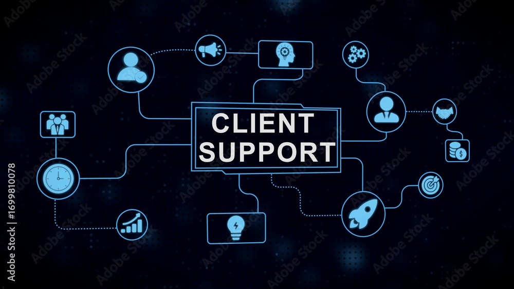 Aufkleber client support network illustrated with connecting icons representing various business aspects