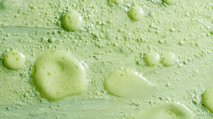 A close-up view of a textured surface with green liquid droplets and bubbles, creating an abstract pattern
