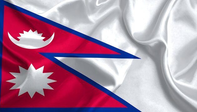 Nepal’s unique triangular flag with moon and sun symbols on crimson red and blue background.
