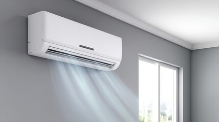 A white wall-mounted air conditioner unit actively blows cool air into a modern gray room, with a bright window on the right.