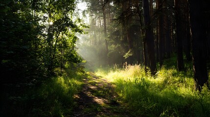 Obraz premium A serene forest path illuminated by sunlight filtering through trees, surrounded by lush green grass and foliage