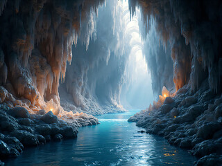 "Crystal cave interior glowing with reflected light, underground river flowing through, ultra-detailed 4K photorealism."
