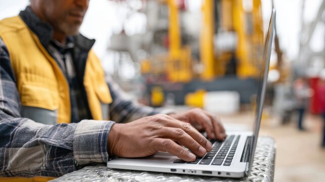 A man in a yellow safety vest and plaid shirt is typing on a laptop at an industrial site with heavy machinery in the background. - Powered by Adobe