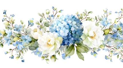A beautiful floral arrangement featuring blue hydrangeas, white peonies, and delicate blue flowers with green leaves, suitable for backgrounds or decorative purposes on white background