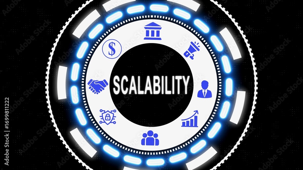 Aufkleber scalability concept represented in a circular infographic with associated business icons and glow ef