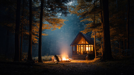 Warm cabin in the woods, perfect for a cozy holiday gathering with friends and family.