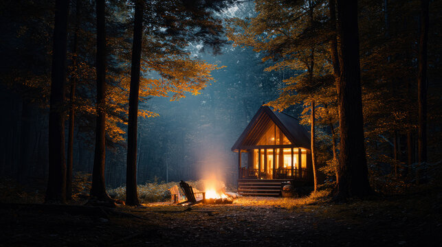 Warm cabin in the woods, perfect for a cozy holiday gathering with friends and family. - Powered by Adobe