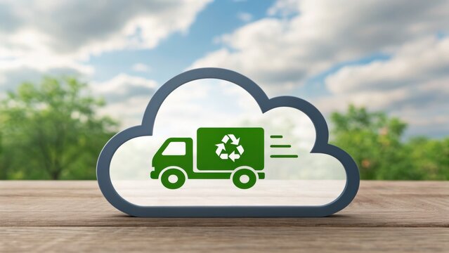Eco + Friendly + Online + Store A green recycling truck inside a cloud symbolizes eco-friendly delivery services. - Powered by Adobe