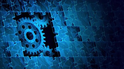 Lowpoly Gears Spinning Under Moving Jigsaw Puzzle Abstract Animation. Synergy partnership, problem solving and business teamwork animated looped concept by wireframe mesh on blue background - Powered by Adobe
