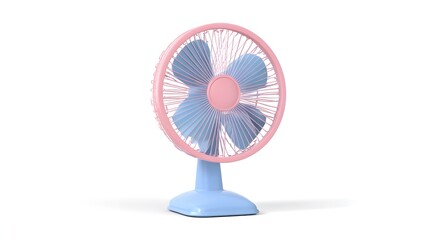 A cute pink table fan with a round base and three blades, designed for personal use
