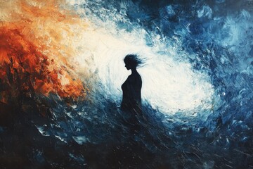 A woman stands silhouetted amidst a swirling chaos of warm and cool colors, symbolizing inner turmoil.