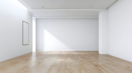 Fototapeta premium A bright, empty room with large windows allowing natural light to fill the space, featuring wooden flooring and white walls