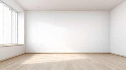 Fototapeta premium A bright, empty room with large windows allowing natural light to fill the space, featuring wooden flooring and white walls