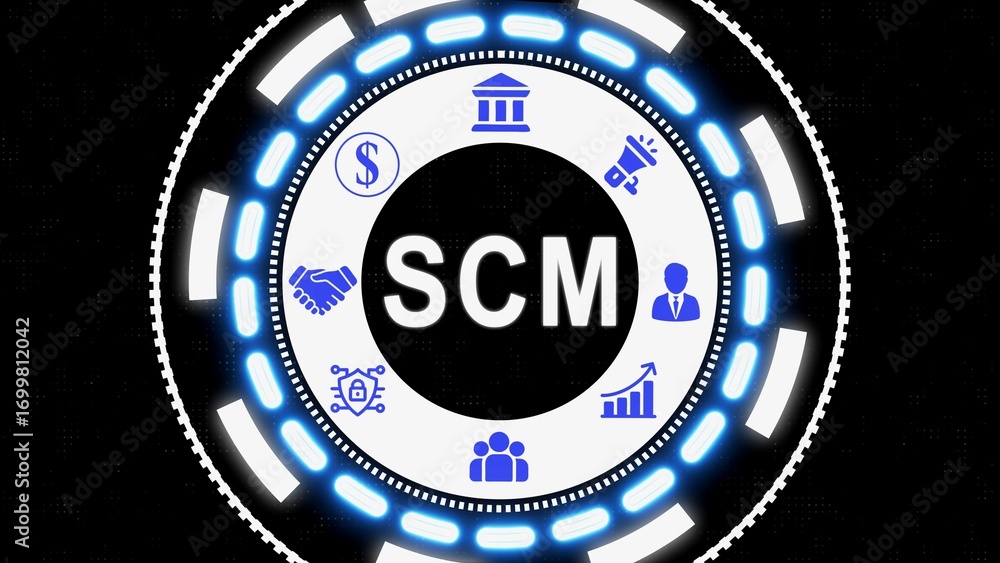 Aufkleber conceptual scm concept with business icons presented in modern circular design.
