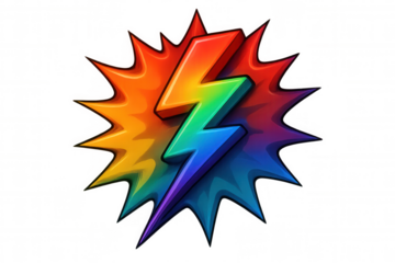 Rainbow-colored lightning bolt exploding on a transparent background, conveying energy, power, and impact