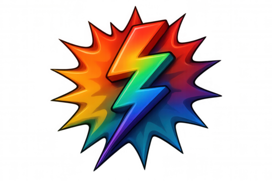 Rainbow-colored lightning bolt exploding on a transparent background, conveying energy, power, and impact