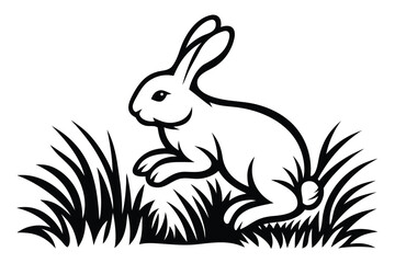 Monochrome Cartoon Rabbit in Grass, Outline Bunny on White Background
