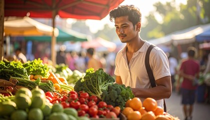 Young man buying healthy fresh vegetables on an outdoor market