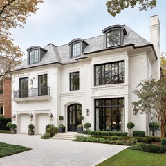 A stately, white brick house with dark windows and landscaping, featuring a grand entryway.