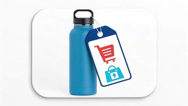 Eco + Friendly + Online + Store A blue water bottle with a shopping tag featuring a cart and lock icon.
