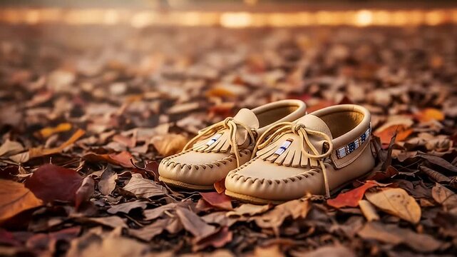 A pair of traditional moccasin shoes resting on a bed of autumn leaves in a serene outdoor setting