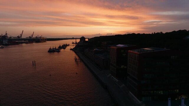 Hamburg Harbour Sunset dark Shadows golden Sun