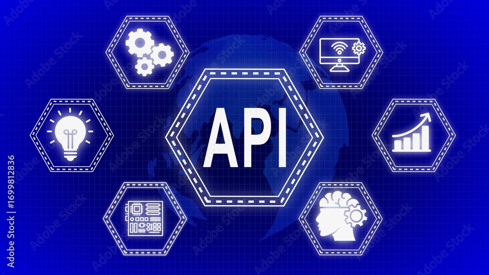 Poster api concept illustrated with various icons representing technology and development processes