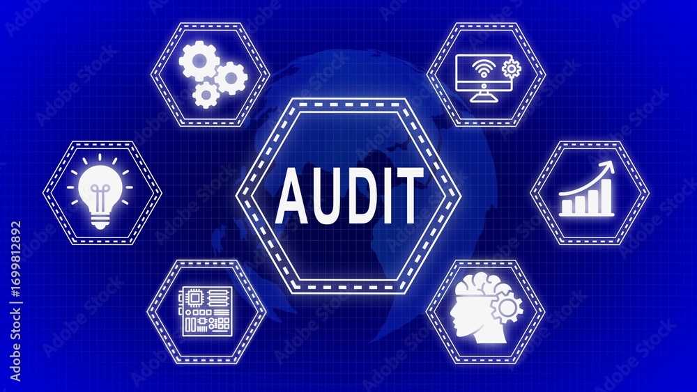 Poster audit concept represented by hexagonal icons with global background for business and technology