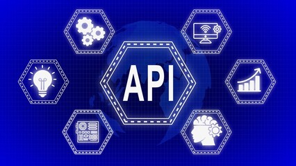 Api concept illustrated with various icons representing technology and development processes