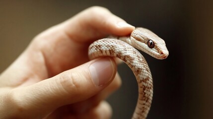 Fototapeta premium Gentle hands holding a beautiful juvenile Scaleless Corn Snake