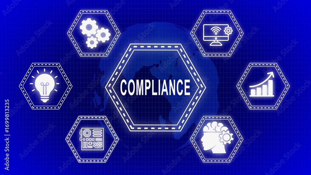 Poster compliance concept depicted with icons on a blueprint background representing various aspects