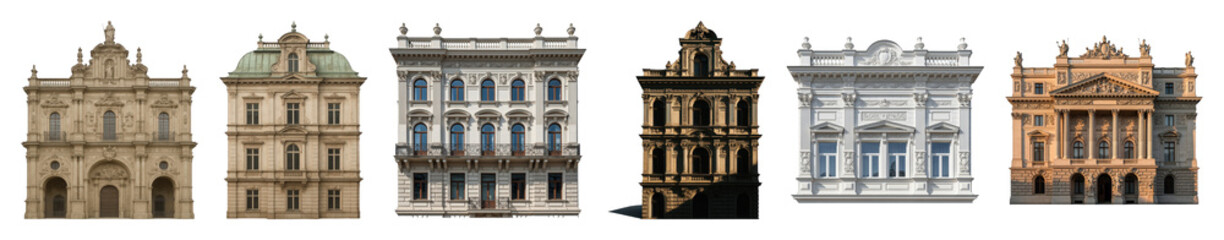 Obraz premium European building facade set including baroque, neoclassical, and renaissance styles isolated. Architectural design and urban scenes.