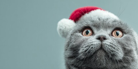Cat with Santa hat on pastel grey background. Minimal festive portrait captures holiday playfulness and charm.