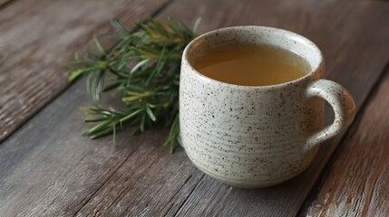 A rustic ceramic mug filled with tea, placed on a wooden surface, accompanied by fresh green herbs