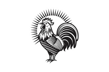 of Detailed Rooster with Decorative Sunburst on White Background
