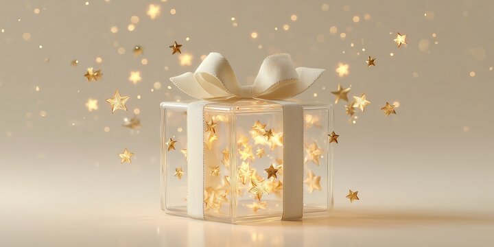 Christmas gift box with floating glowing stars inside on soft cream background. Minimal festive still life radiates magic and wonder. - Powered by Adobe